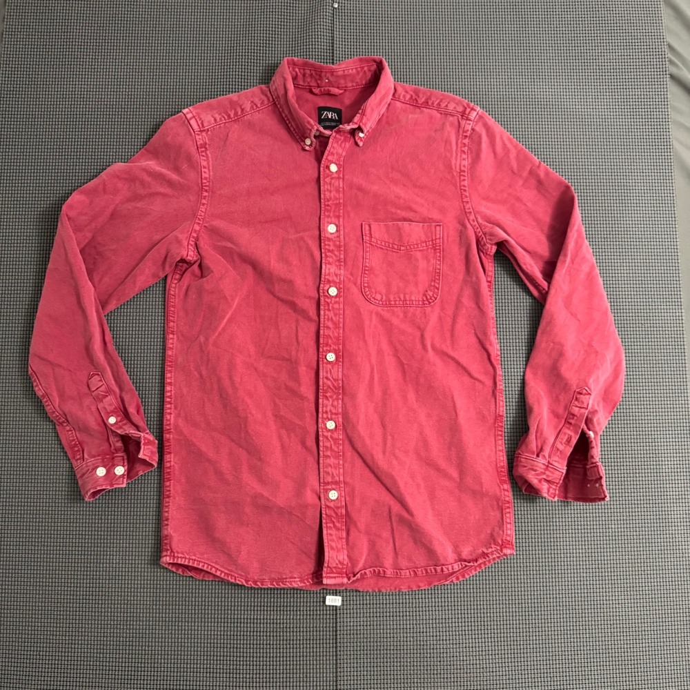Zara Man Red Denim Button Down Shirt Long Sleeve Pocket Small
